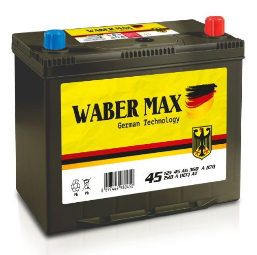 აკუმულატორი WABER MAX 45Ah/360A 12V DIN მარჯვენა წვრილი (236x126x225)